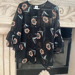 CAbi La Di Da Floral Bell Ruffle Sheer Blouse 5206